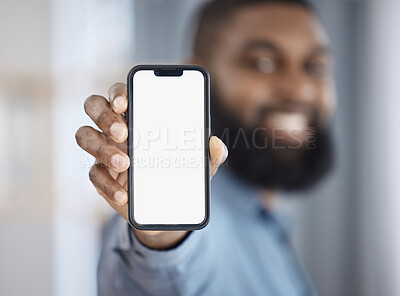 Buy stock photo Business man, phone screen and mockup for stock market software, ux design space and online trading. Professional trader in portrait with mobile app for financial registration, information or website