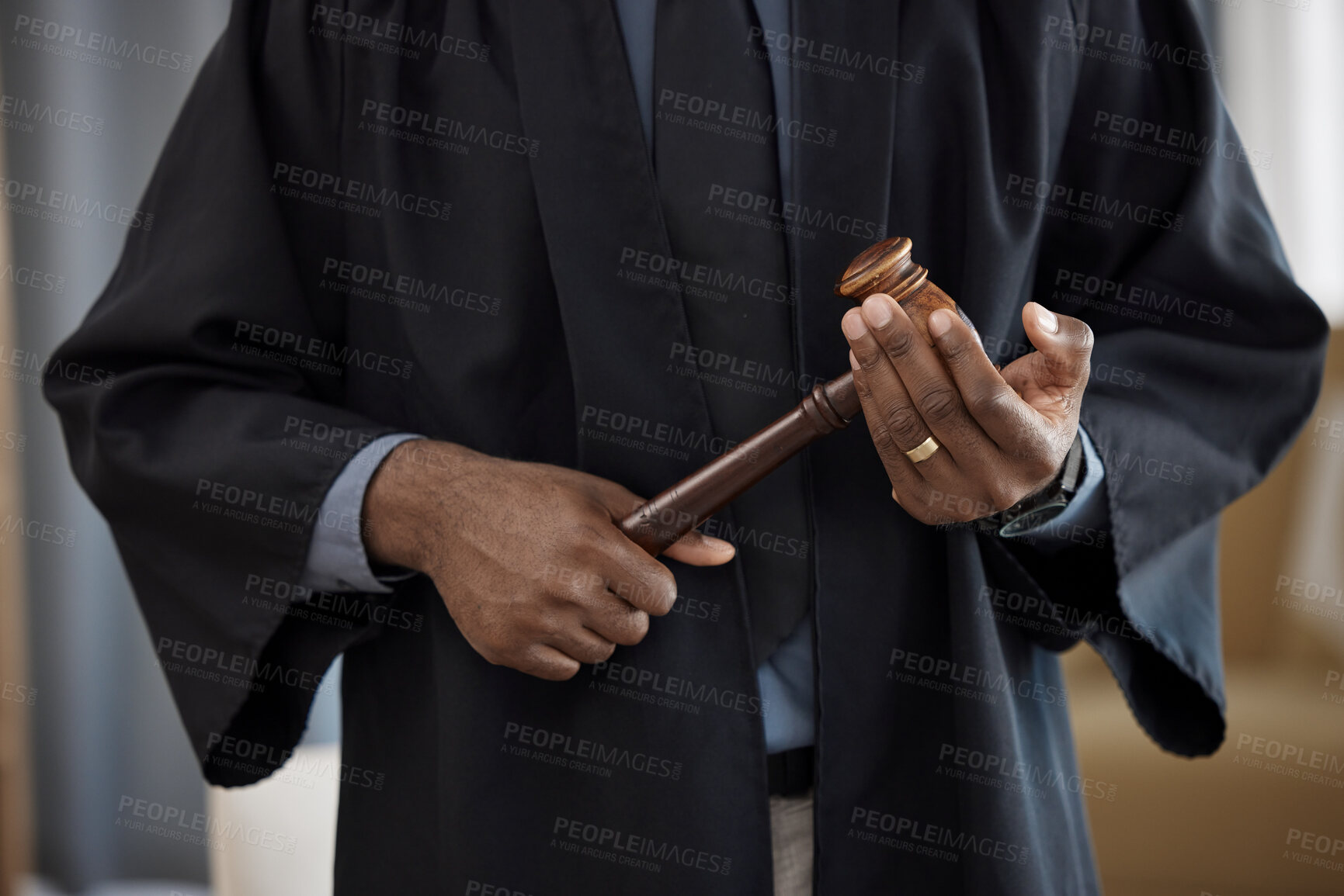 Buy stock photo Hands, judge and gavel in courtroom, justice and decision at criminal trial hearing for conflict. Legal expert, hammer and choice for equality, consultation and knowledge for government in court