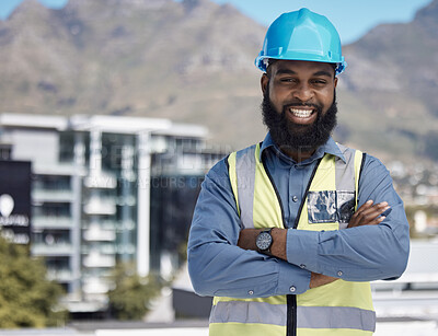 Buy stock photo Man, engineering portrait and arms crossed for city construction, project management or outdoor building design. Happy face of african worker in architecture, urban development or property leadership