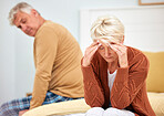 Fight, senior or angry couple argue with stress for marriage problem, breakup or bad communication. Home, divorce or frustrated people thinking of conflict disaster for cheating crisis, drama or hate
