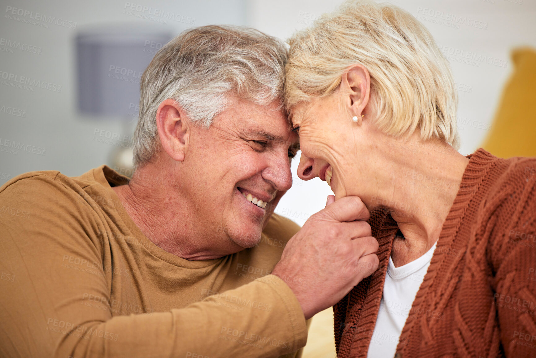 Buy stock photo Forehead, senior or happy couple smile in home for bond, support or trust in a marriage commitment. Retirement, love or face of mature man with a woman, care or romance in a house together to relax