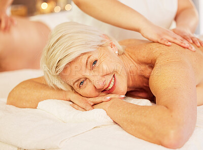 Buy stock photo Spa, back massage and portrait of senior woman for luxury, self care and muscle healing treatment. Relax, wellness and elderly female person on a retirement retreat for body therapy at natural salon.