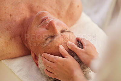 Buy stock photo Relax, head massage and senior man at a spa for luxury, self care and muscle healing treatment. Health, wellness and elderly male person on a retirement retreat for face therapy at a natural salon.