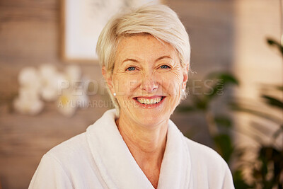 Buy stock photo Happy, portrait and senior woman at spa for health, wellness and anti aging skincare treatment. Calm, beauty and elderly female person at retirement resort for wrinkles face routine at natural salon.