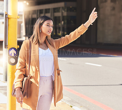 Buy stock photo Wave, taxi and woman in city for cab, transportation and commute travel in cbd for business or meeting. Person, hand and sign to call attention of taxicab driver and passenger service in town