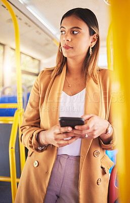 Buy stock photo Business, woman and thinking with phone in bus for communication, technology and career opportunity. Smartphone, person and ideas for internet post, networking and conversation on public transport