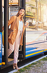 Business, woman or coffee at bus stop for travel or location with public transport for commute in urban city. Professional, corporate or person with beverage and sidewalk or street for transportation