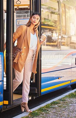 Buy stock photo Business, woman or coffee at bus stop for travel or location with public transport for commute in urban city. Professional, corporate or person with beverage and sidewalk or street for transportation