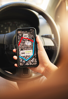 Buy stock photo Phone, map and hands of person in a car for location, search or navigation closeup. Smartphone, travel and driver check app for online traffic notification, direction or road trip route in a vehicle