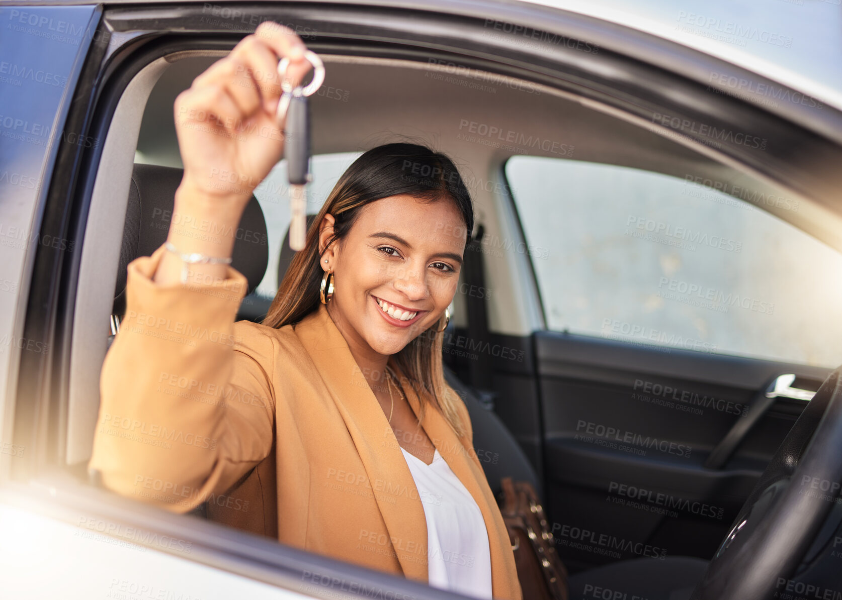 Buy stock photo Happy woman, drive and portrait with new car, keys and freedom of transportation and travel on road. Auto, dealership and person driving with happiness in rental cars and purchase of vehicle