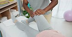 Physiotherapist hands, knee check and patient for rehabilitation help, recovery support or joint injury consultation. Chiropractor massage, legs or physiotherapy person for medical healing service