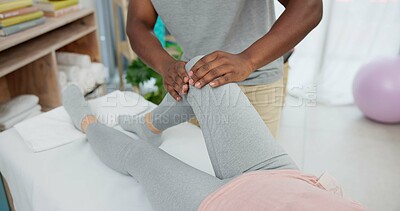 Physiotherapist hands, knee check and patient for rehabilitation help, recovery support or joint injury consultation. Chiropractor massage, legs or physiotherapy person for medical healing service