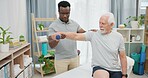 Arm physiotherapy, dumbbell or person with old man for support, recovery in motion training. Physical therapy, rehabilitation or African physiotherapist helping elderly patient with mobility exercise