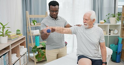 Arm physiotherapy, dumbbell or person with old man for support, recovery in motion training. Physical therapy, rehabilitation or African physiotherapist helping elderly patient with mobility exercise