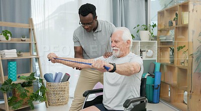Senior man with disability, physiotherapist and stretching band for muscle rehabilitation, chiropractor service or help. Physical therapy, medical support or patient in wheelchair at recovery clinic