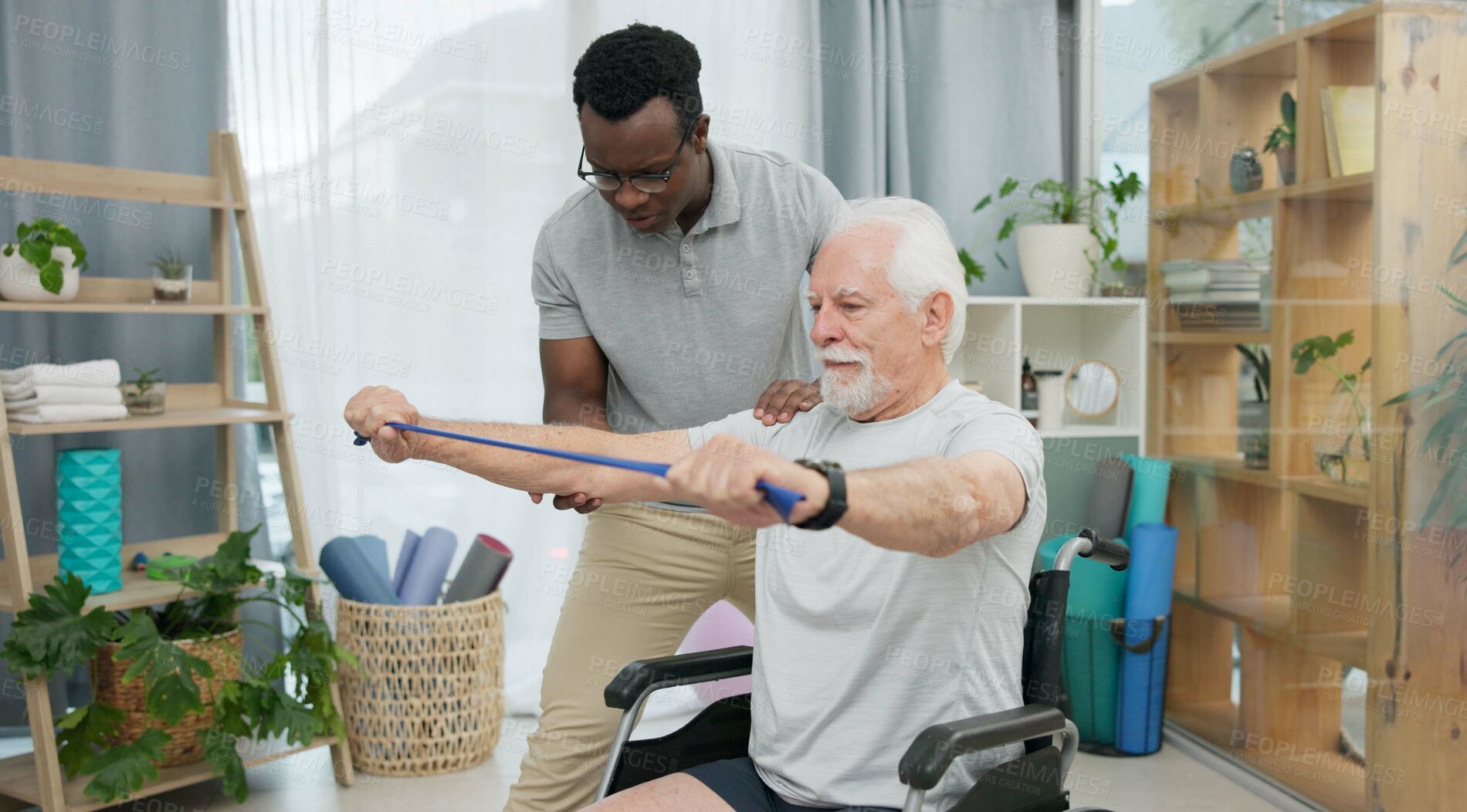 Buy stock photo Senior man with disability, physiotherapist and stretching band for muscle rehabilitation, chiropractor service or help. Physical therapy, medical support or patient in wheelchair at recovery clinic