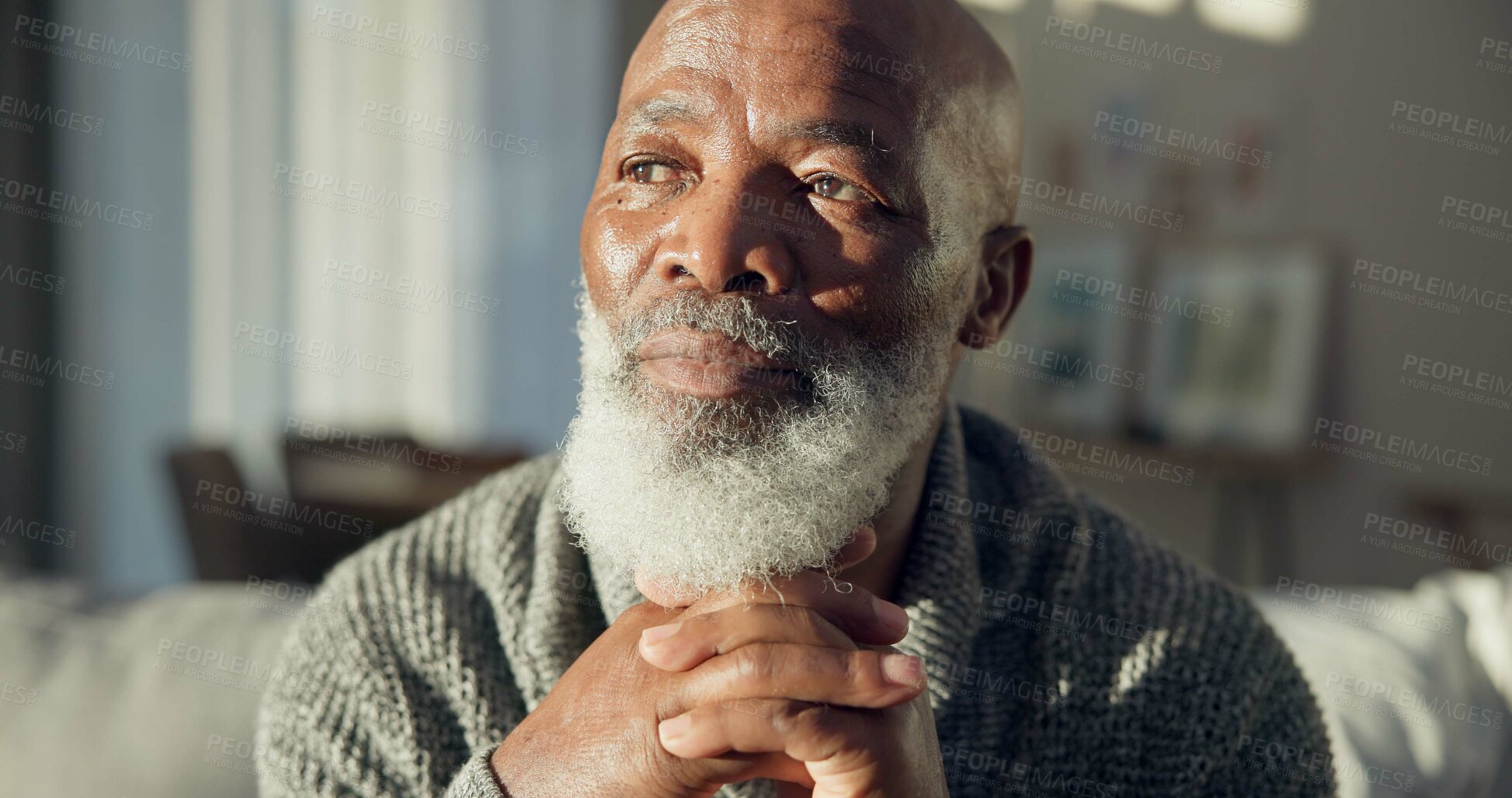 Buy stock photo Home, thinking and senior man with depression, retirement and remember with calm, wonder and sad. Male person, mature guy and pensioner on a couch, nursing facility and old gentleman with Alzheimer