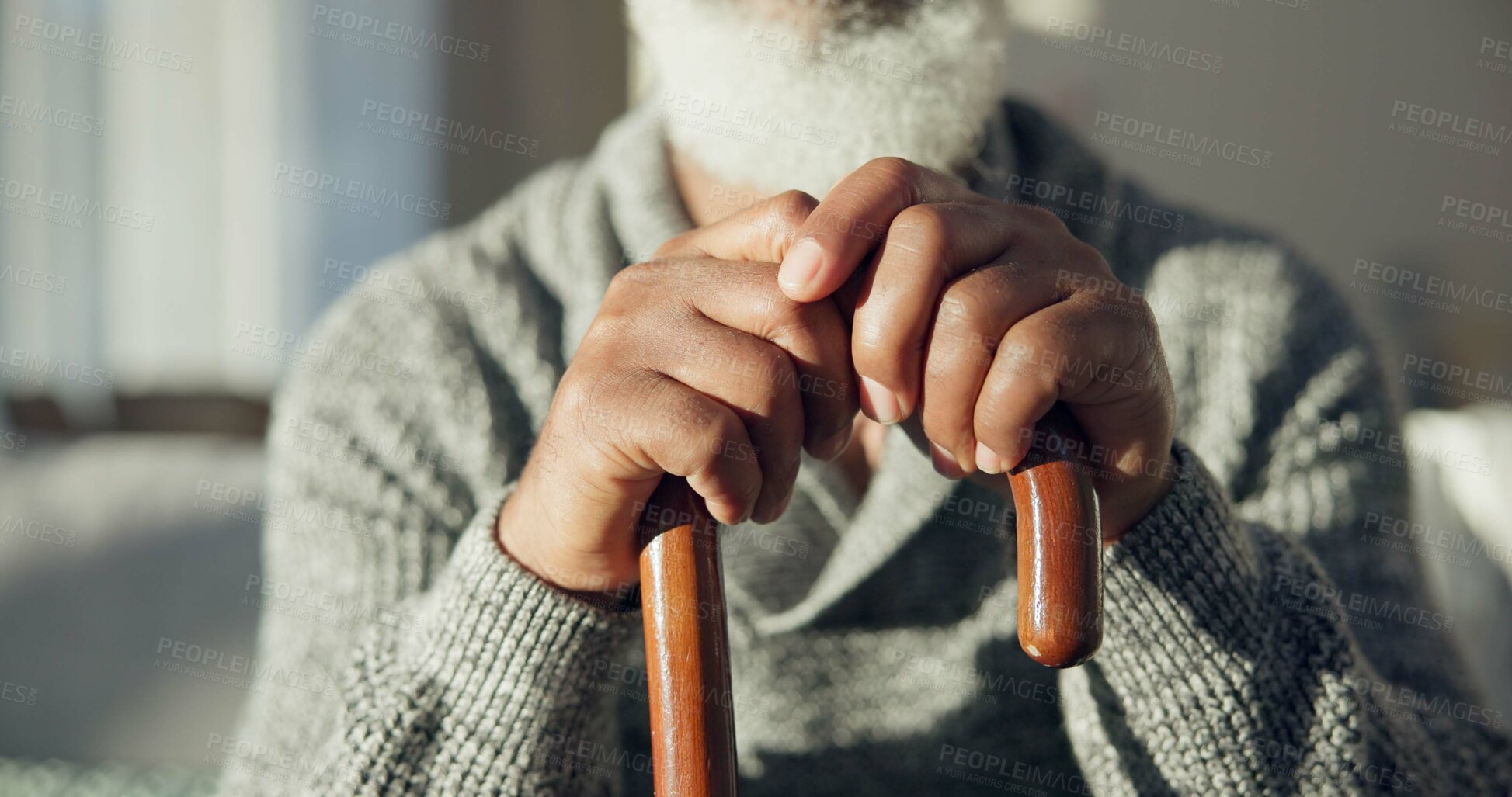 Buy stock photo Closeup, senior and hands of man with cane for support, walking help and aging. Morning, house and elderly person with gear for a walk on the living room sofa for healthcare and holding for strength