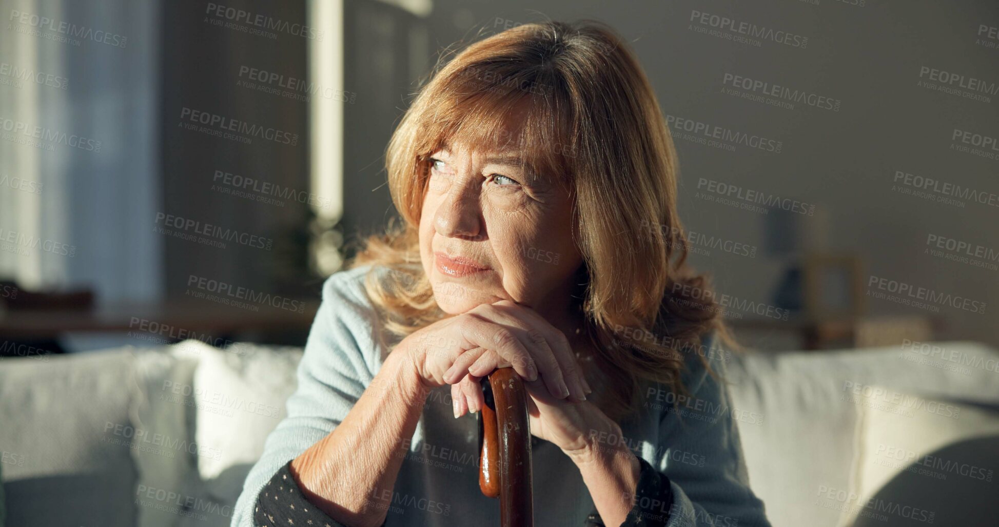 Buy stock photo Home, thinking and senior woman with depression, memory and remember with thoughts, nursing facility and sad. Female person, elderly lady or pensioner on a couch, health and retirement with Alzheimer