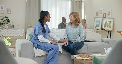 Medical, support and friends with nurse with old woman on sofa for empathy, volunteer or trust. Healthcare, retirement and rehabilitation with senior patient and caregiver in nursing home for healing