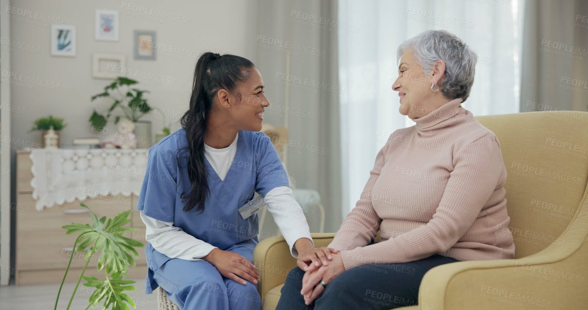 Buy stock photo Holding hands, support and happy with nurse with old woman on sofa for empathy, medical and trust. Healthcare, retirement and rehabilitation with patient and caregiver in nursing home for healing