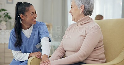 Medical, holding hands and happy with nurse with old woman on sofa for empathy, support and trust. Healthcare, retirement and rehabilitation with patient and caregiver in nursing home for healing