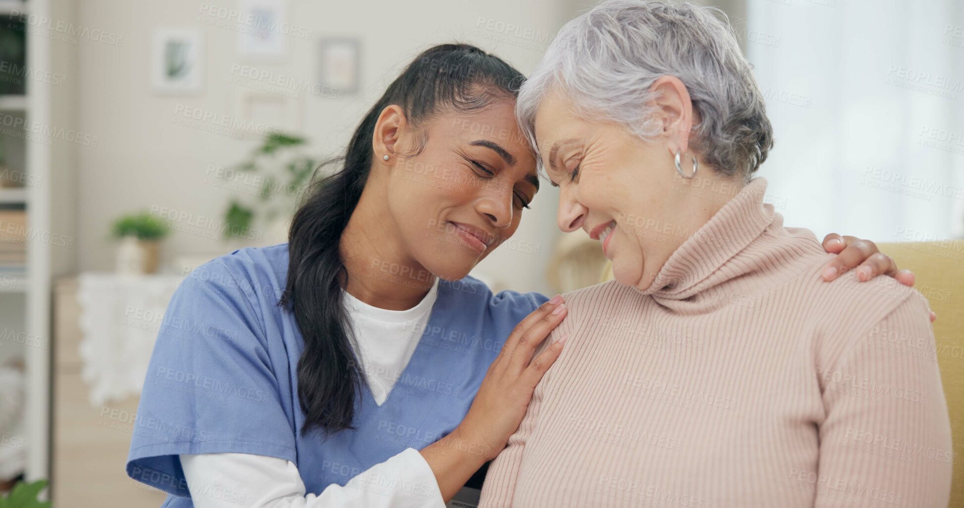 Buy stock photo Medical, support and happy with nurse with old woman on sofa for empathy, volunteer and trust. Healthcare, retirement and rehabilitation with senior patient and caregiver in nursing home for healing