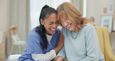 Buy stock photo Medical, support and laugh with nurse with old woman on sofa for empathy, volunteer and trust. Healthcare, retirement and rehabilitation with senior patient and caregiver in nursing home for healing