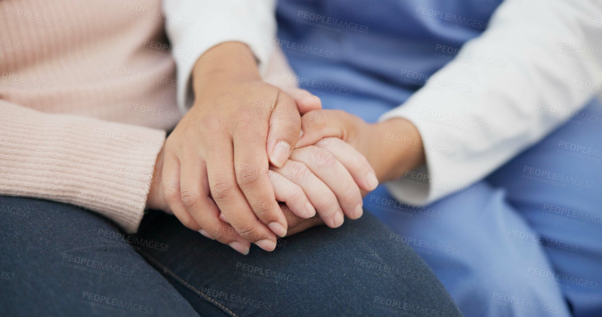 Buy stock photo Closeup, support and holding hands with nurse with old woman on sofa for empathy, volunteer and trust. Healthcare, retirement and rehabilitation with patient and caregiver in nursing home for healing