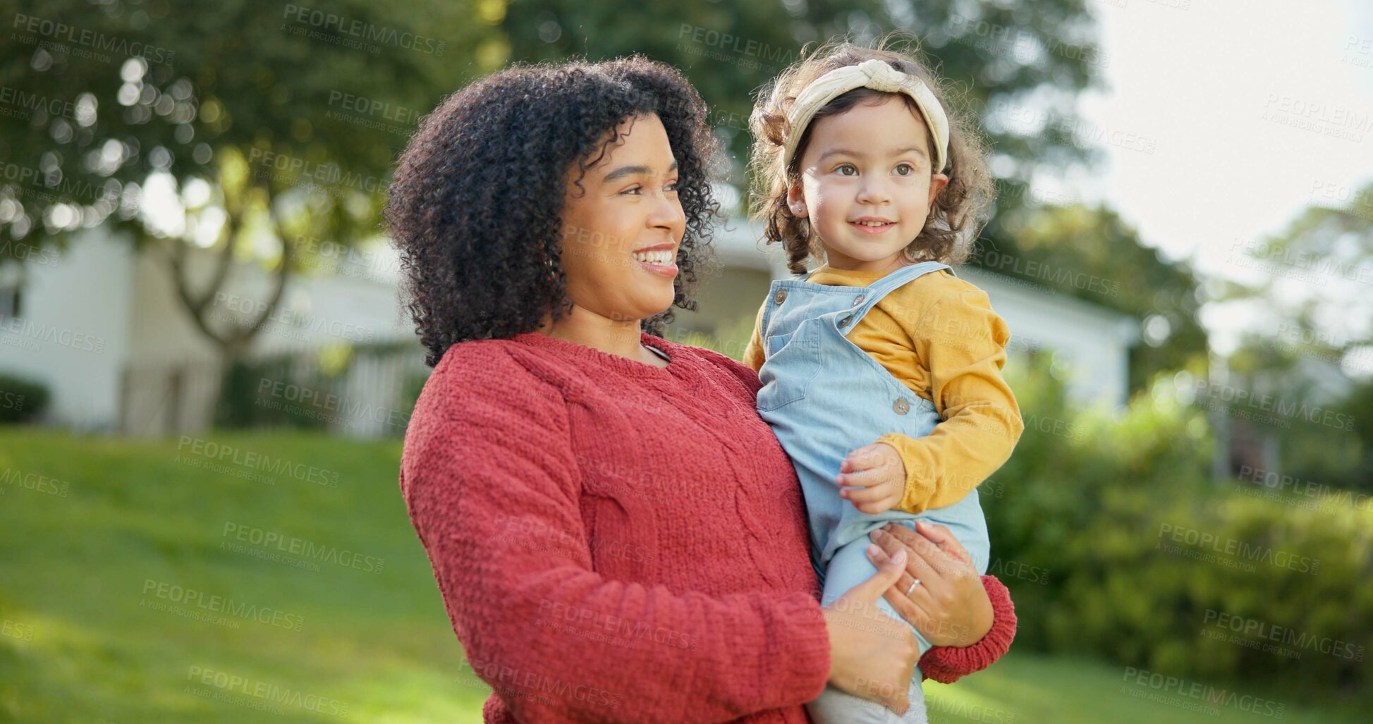 Buy stock photo Family, kids and a mother with her adopted daughter in the garden of their foster home together. Love, smile and children with a stepmother holding her female child outdoor in the home backyard