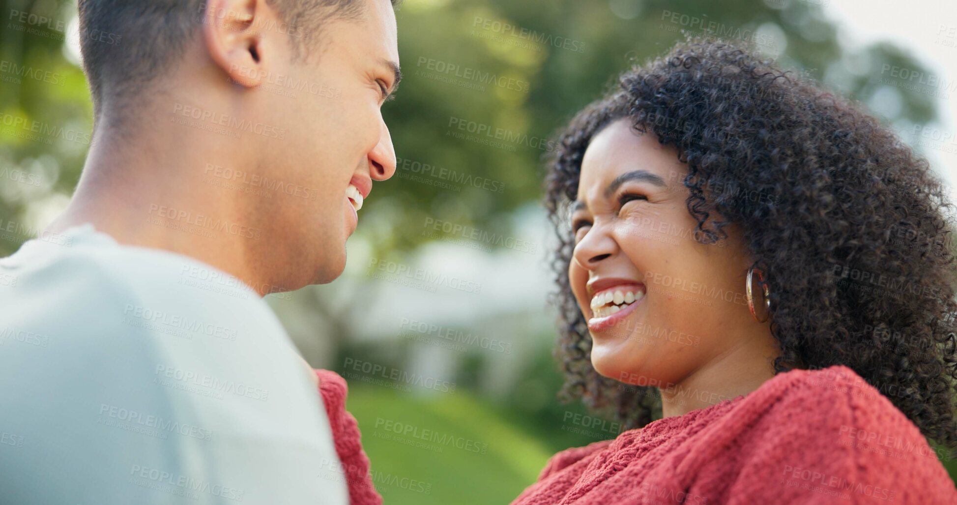 Buy stock photo Hug, outdoor and couple with love, smile and bonding with quality time, romance and support. Romantic, man or woman in a backyard, park or peace with happiness, loving together or embrace in a forest