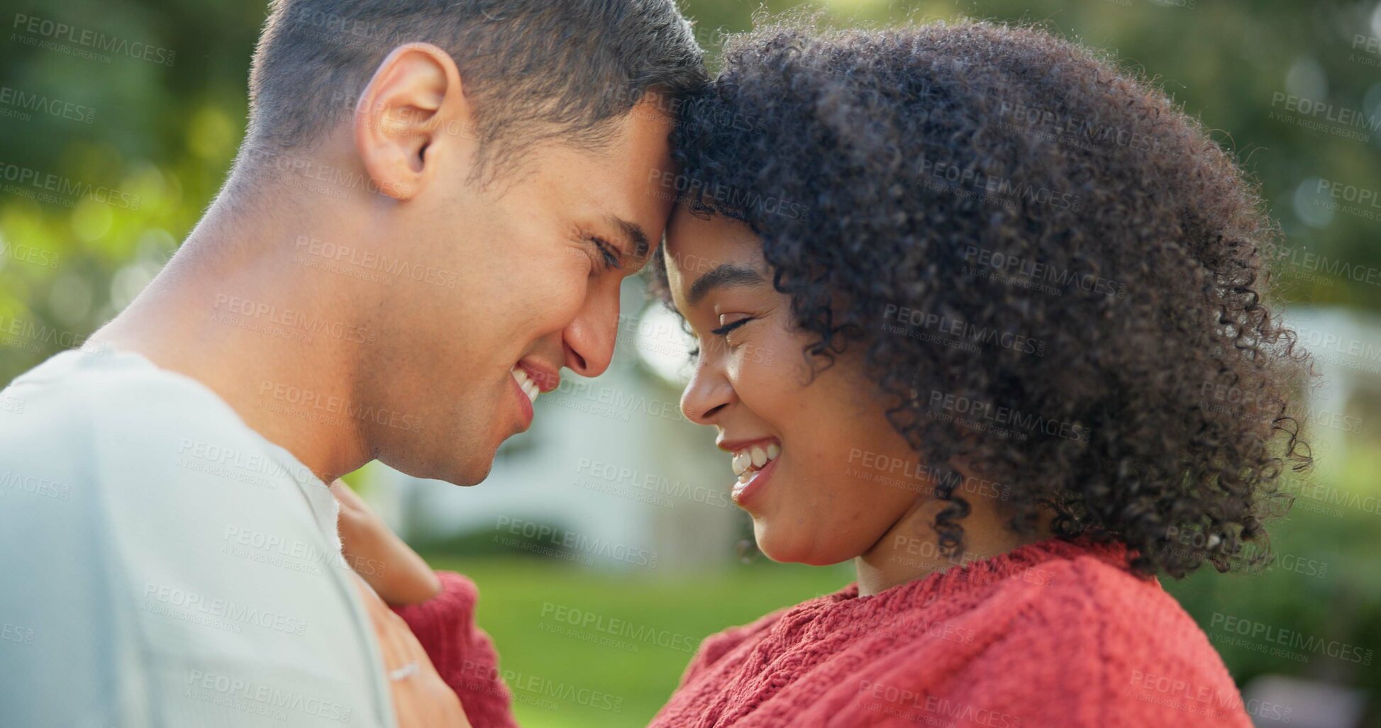 Buy stock photo Hug, outdoor and couple with love, smile and bonding with quality time, romance and support. Romantic, man or woman in a backyard, park or peace with happiness, loving together or embrace in a forest