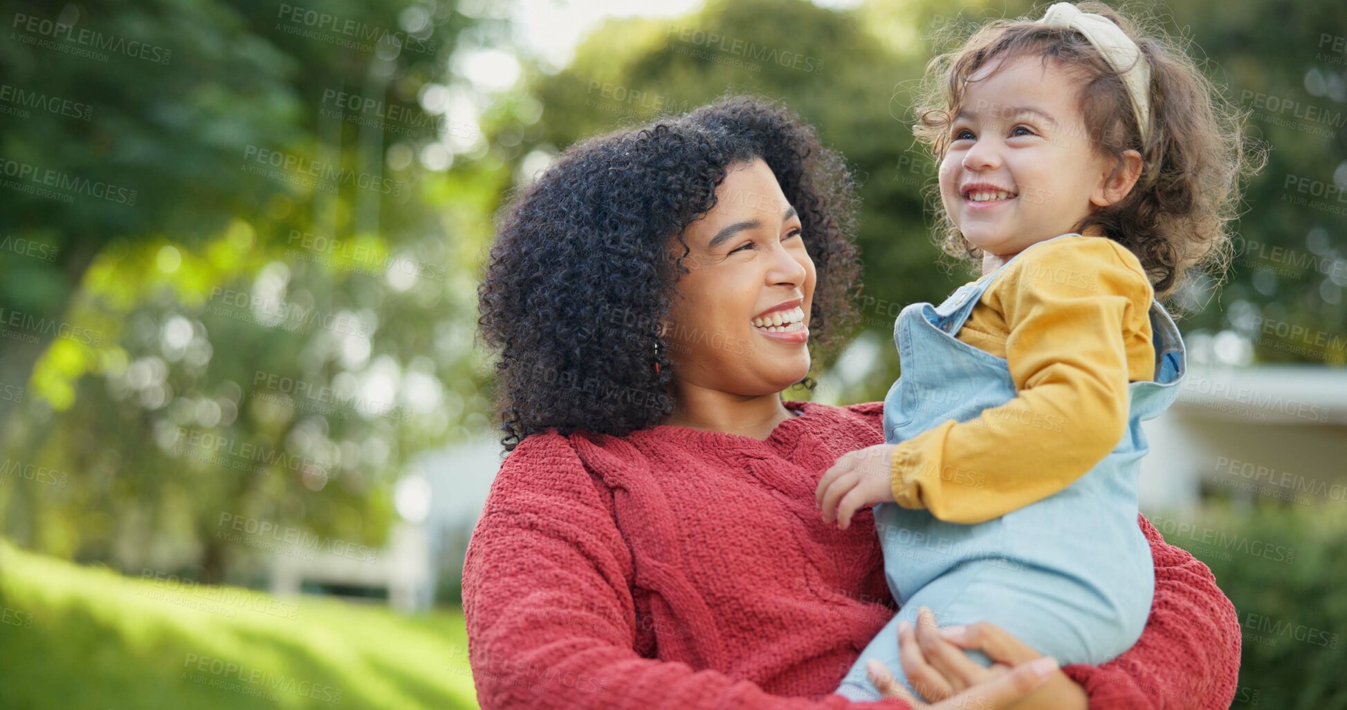 Buy stock photo Family, kids and a mother with her adopted daughter in the garden of their foster home together. Love, smile and children with a stepmother holding her female child outdoor in the home backyard