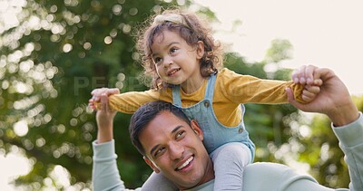 Happy, piggyback and father with girl in nature, bonding and having fun. Smile, dad and carrying child on shoulders, play and enjoying quality family time together outdoor in park with love and care.