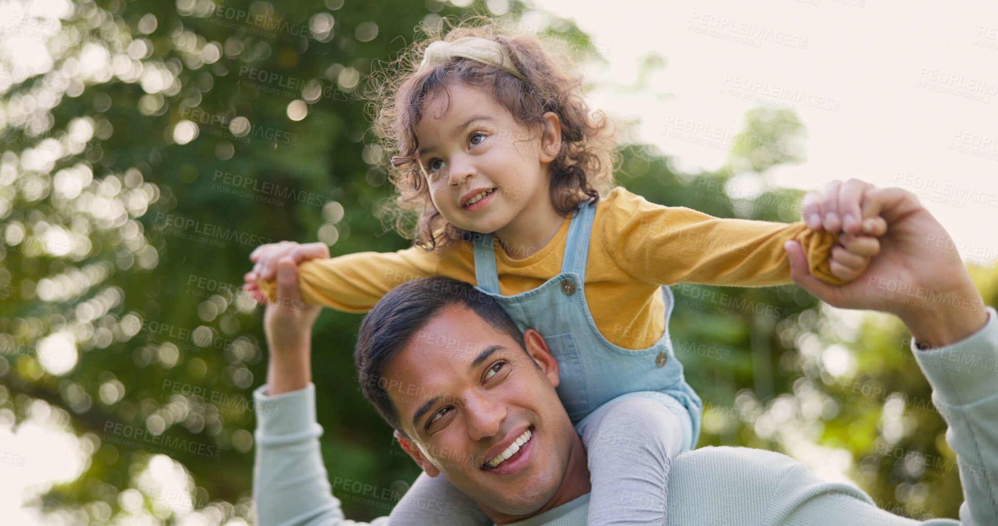 Buy stock photo Happy, piggyback and father with girl in nature, bonding and having fun. Smile, dad and carrying child on shoulders, play and enjoying quality family time together outdoor in park with love and care.