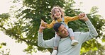 Happy, piggyback and father with girl in nature, bonding and having fun. Smile, dad and carrying child on shoulders, play and enjoying quality family time together outdoor in park with love and care.