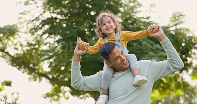 Happy, piggyback and father with girl in nature, bonding and having fun. Smile, dad and carrying child on shoulders, play and enjoying quality family time together outdoor in park with love and care.