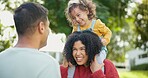 Happy family, parents or baby in park to play with love, care or quality bonding time together outdoors. Mother, face or daughter laughing at game with joy, support or smile with father or freedom