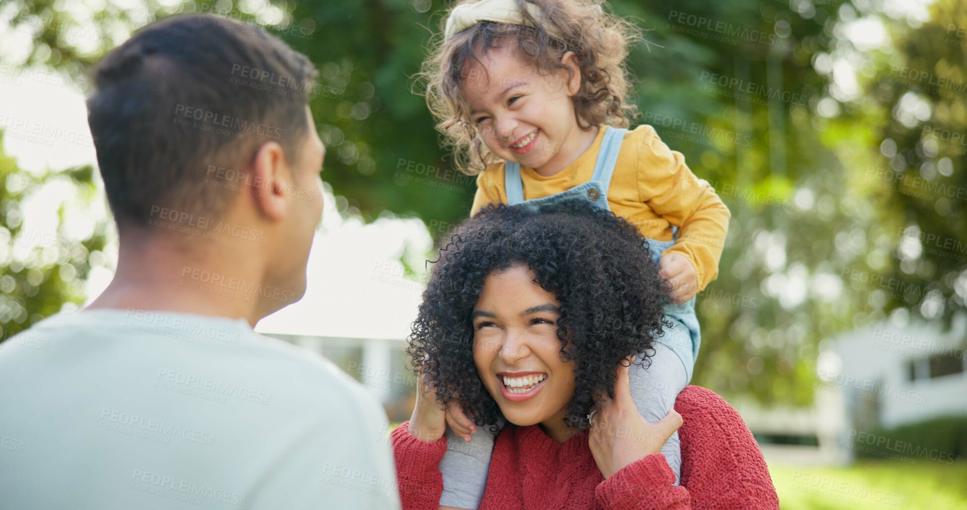 Buy stock photo Happy family, parents or baby in park to play with love, care or quality bonding time together outdoors. Mother, face or daughter laughing at game with joy, support or smile with father or freedom