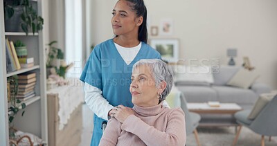 Caregiver, disabled and elderly woman with wheelchair for support, geriatric senior care or old age movement disability. Thinking, nursing home view and nurse helping retirement patient with moving