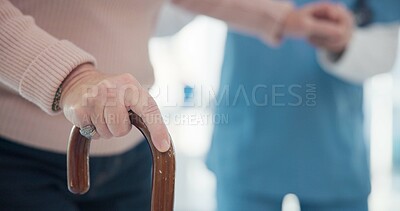 Nurse, disabled and old person hands with walking stick for support, elderly care or movement disability. Senior rehabilitation service, retirement home physiotherapy or worker help patient with cane