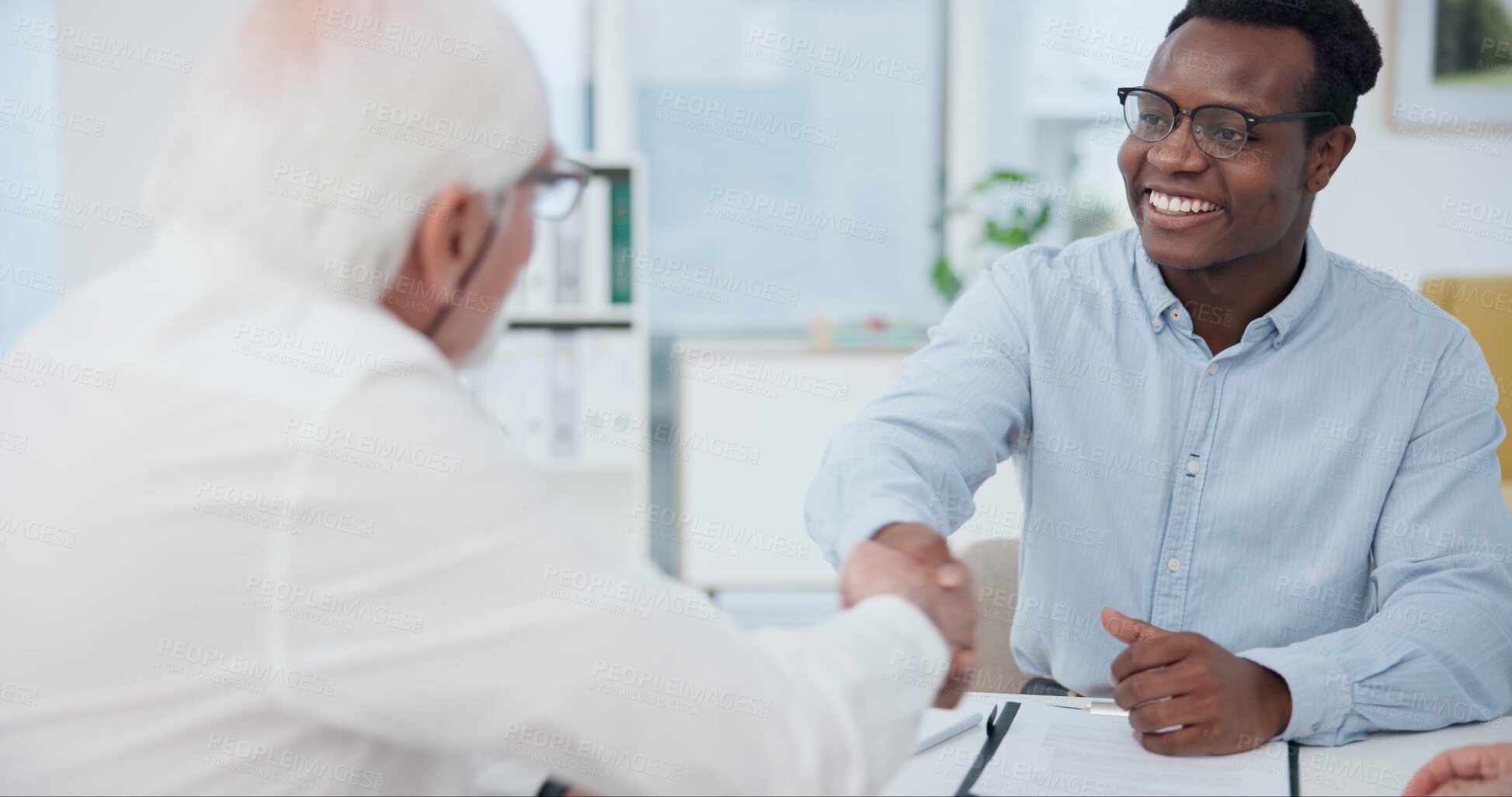 Buy stock photo Handshake, contract and consulting with black man and client for planning, signature or deal. Financial advisor, legal documents and agreement with people shaking hands in law firm for life insurance