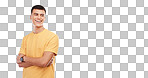 Man, smile and standing with arms crossed and isolated on a transparent png background. Happy male model, gen z and fashion by casual, excited and natural for positivity, confident and aesthetic