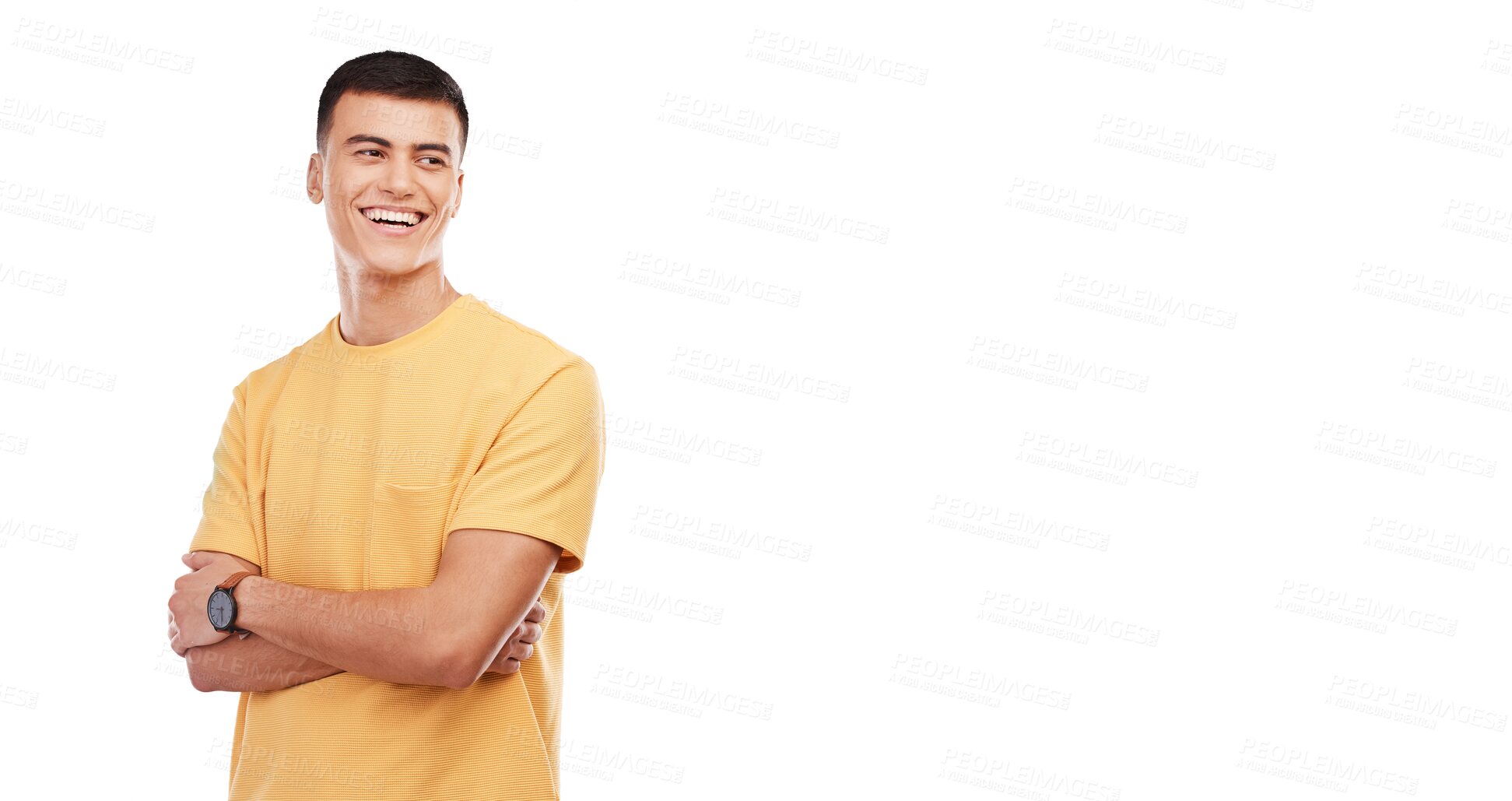 Buy stock photo Man, smile and thinking with arms crossed and isolated on a transparent png background. Happy male model, idea and vision for strategy, excited and natural for positivity, confident and aesthetic