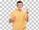 Music, headphones and happy man dance, excited and isolated on a transparent png background. Singer, radio and  person listening to audio, hearing sound and streaming media, hip hop and celebration