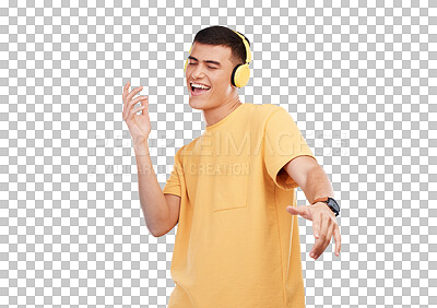 Buy stock photo Music, headphones and happy man dancing, excited and isolated on a transparent png background. Singer, radio and  person listening to audio, hearing sound and streaming media, hip hop and celebration