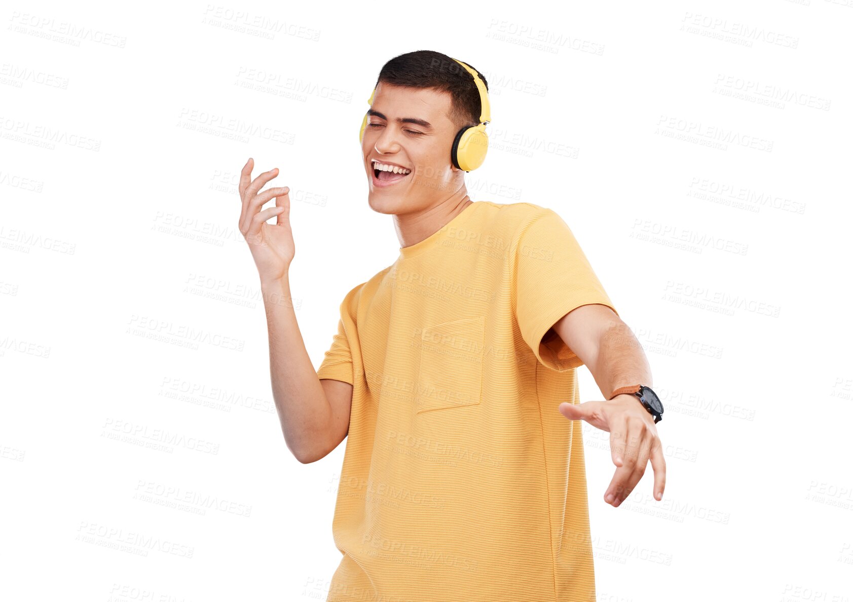 Buy stock photo Music, headphones and happy man dancing, excited and isolated on a transparent png background. Singer, radio and  person listening to audio, hearing sound and streaming media, hip hop and celebration