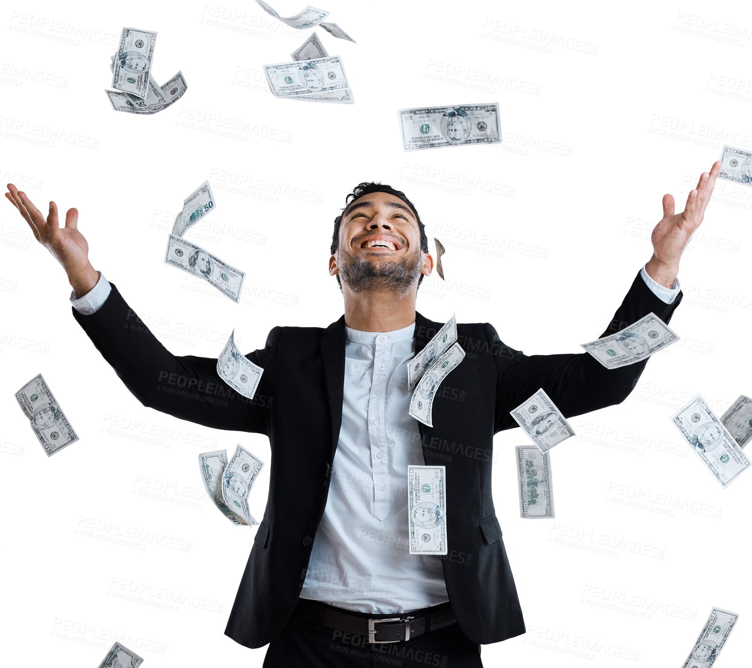 Buy stock photo Happy businessman, money rain and celebration for winning or lottery isolated on a transparent PNG background. Rich man smile in cash flow and paper bills falling for financial freedom or investment