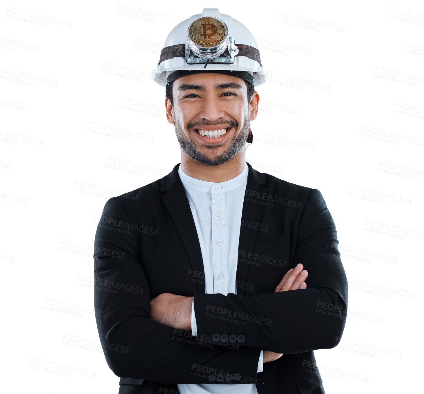 Buy stock photo Mining, business and face of asian man with arms crossed on isolated, transparent and png background. Crypto, finance and portrait of happy Japanese male captain excited for industry opportunity