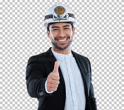 Buy stock photo Mining, thumbs up and face of business man with crypto success on isolated, transparent or png background. Cryptocurrency, finance or portrait of Asian guy captain smile for industry opportunity vote